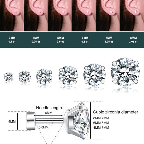 Set of 6 Silver Hypoallergenic Surgical Steel Cubic Zirconia Stud Earrings for S - Picture 8 of 9